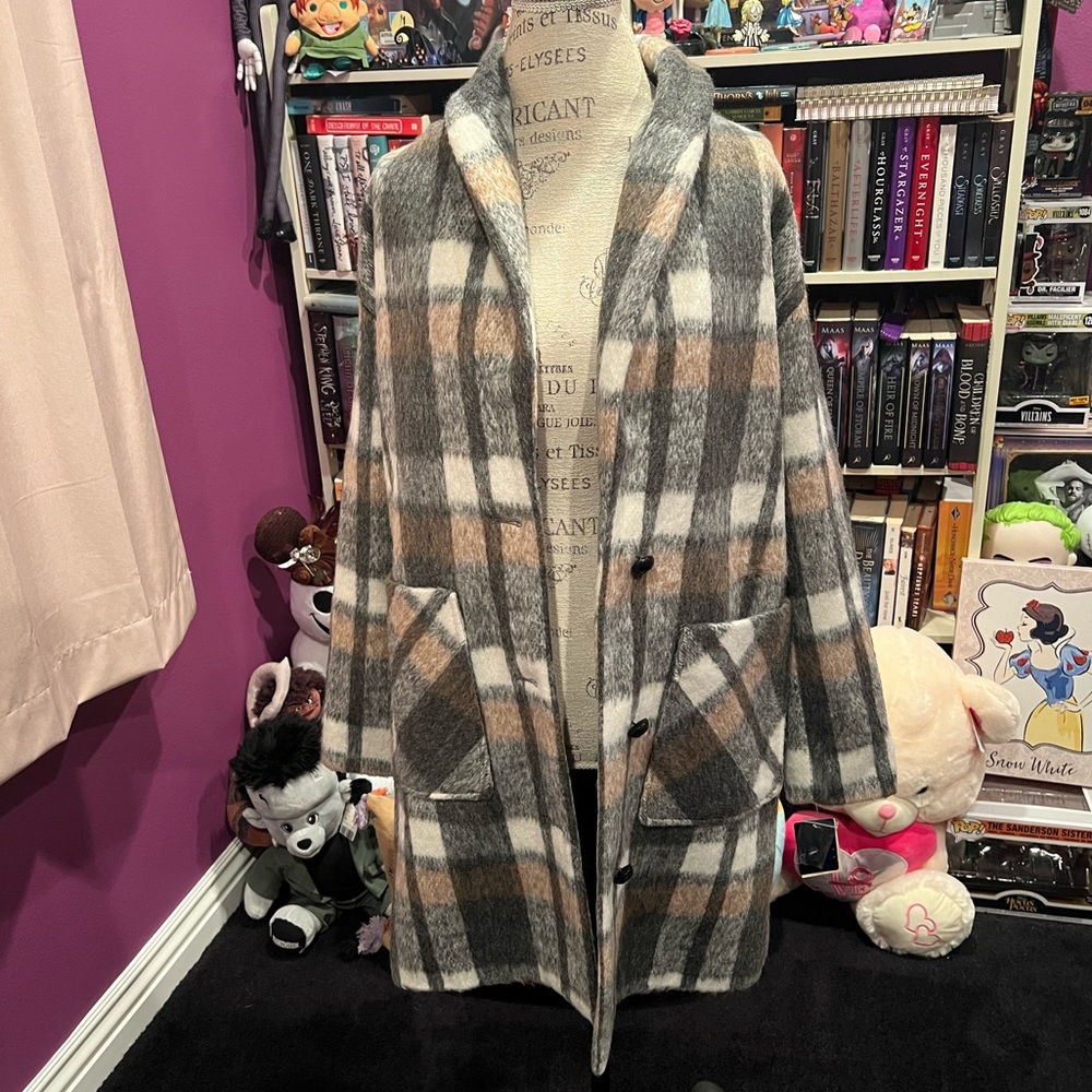 Lucky Brand Grey Button Plaid Coat